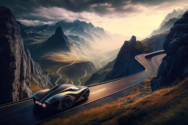 Futuristic car speeding along a winding mountain road with stunning view of the valley below