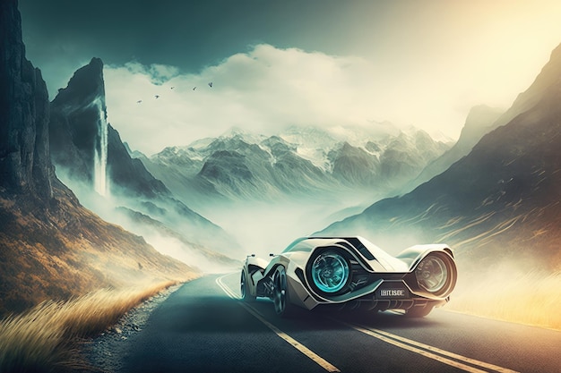 Futuristic car speeding down winding mountain road with view of misty mountains in the background