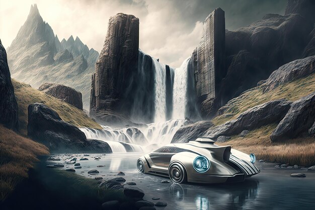 Futuristic car speeding past a waterfall in the mountains