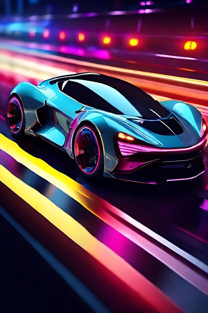 a futuristic car speeding through a tunnel of vibrant blue and pink lights