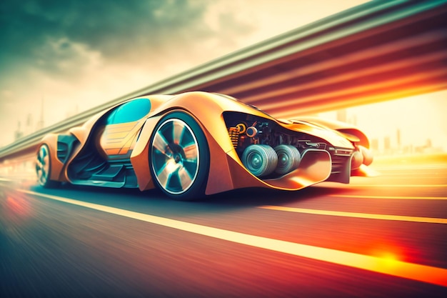 A futuristic car speeds down a highway with innovative technology