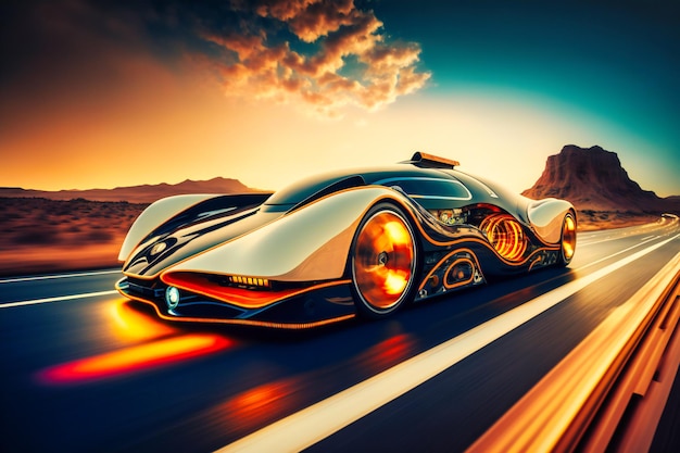 A futuristic car speeds down a highway with innovative technology