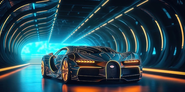 네온 아트 누보의 스타일로 어두운 터널을 통과하는 미래의 자동차