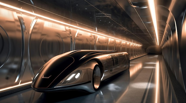 A futuristic car in a tunnel with the word supercar on the side.