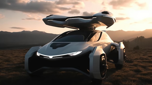 A futuristic car with a bird on the roof.