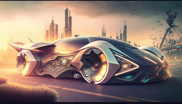 A futuristic car with a city in the background.