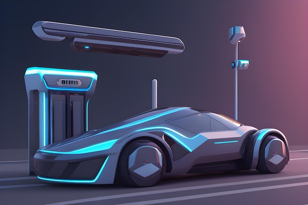 A futuristic car with a gas station in the background AI Generative