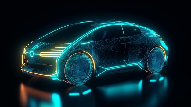 A futuristic car with a green backlight and a blue background.