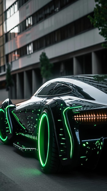 街路を走行する緑色のライトが付いた未来的な車