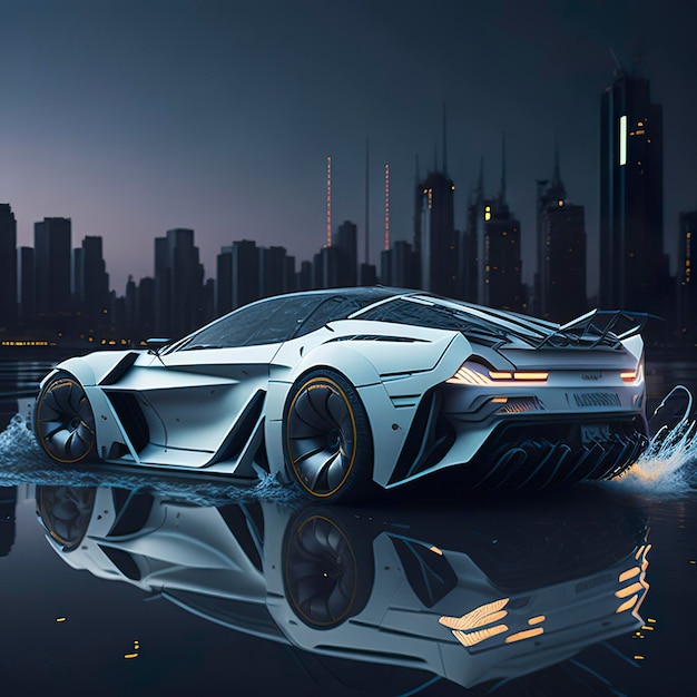 A futuristic car with a lightning bolt on the front