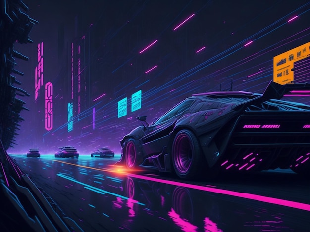 A futuristic car with neon lights in the background