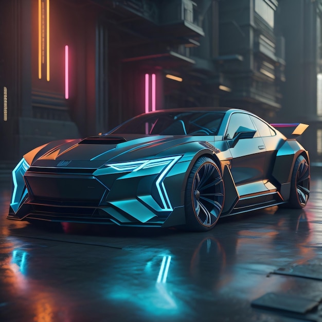 A futuristic car with neon lights and a black car in the background.