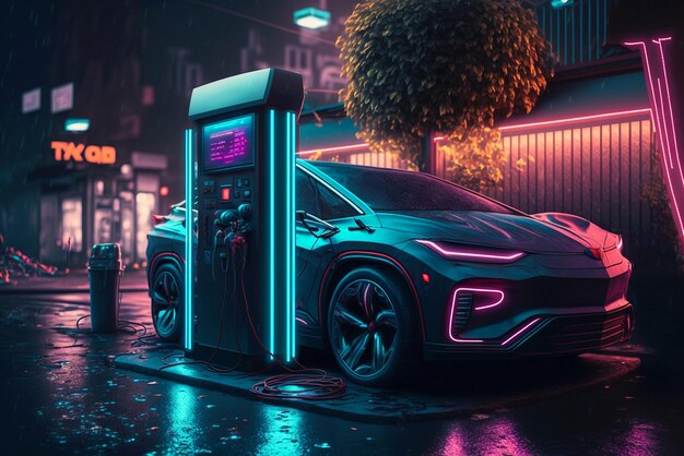 A futuristic car with neon lights and a charging station in the city.