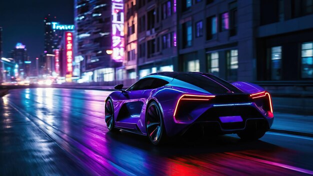 Futuristic car with neon lights driving in the night