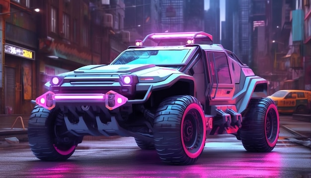 A futuristic car with neon lights on the front