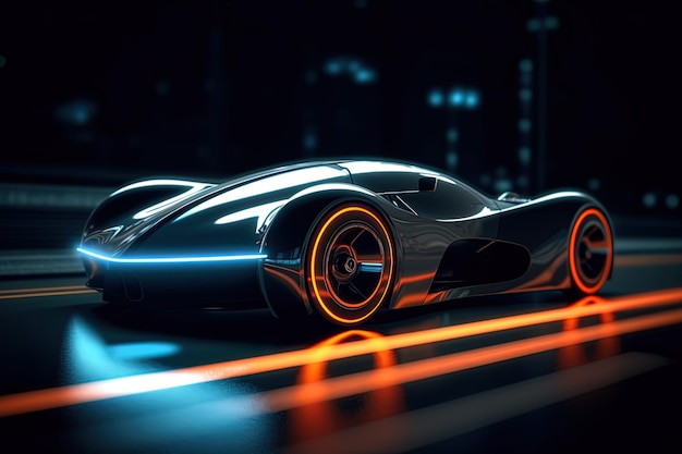 A futuristic car with neon lights on the side