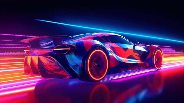 A futuristic car with neon lights that is lit up.