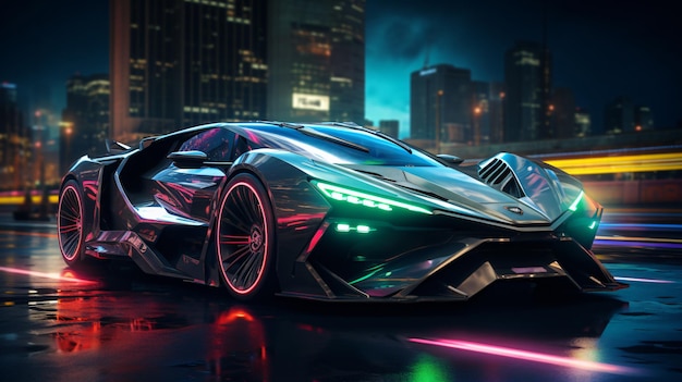 A futuristic car with neon lights and the word Lamborghini