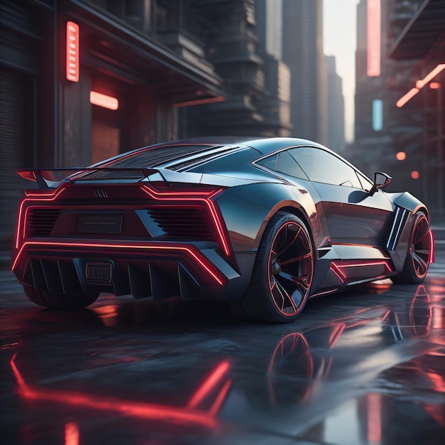 A futuristic car with red lights and a black sports car in the middle of a dark city.