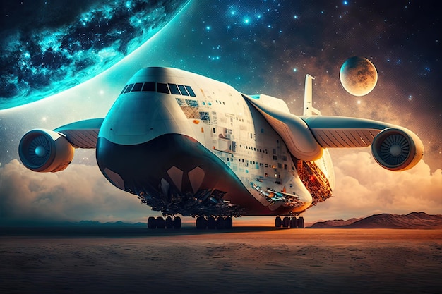 Futuristic cargo plane of future flying over planet against backdrop of evening starry sky created w