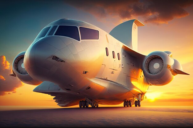 Футуристический грузовой самолет будущего, летящий в небе на фоне заходящего солнца, созданный с помощью генераторов