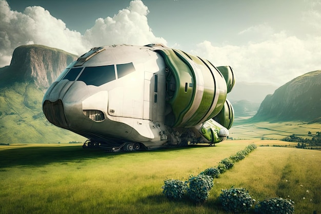 Футуристический грузовой самолет будущего приземляется на вертолетной площадке на фоне зеленых холмов, созданных с помощью генератора