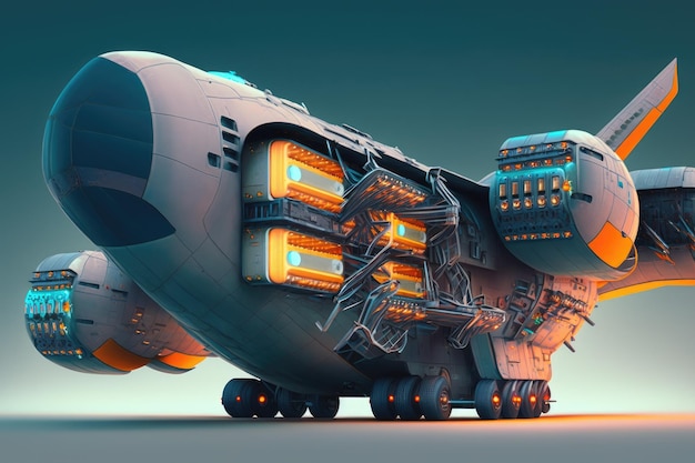 Futuristic cargo plane of future with glowing engines and racks with products created with generativ