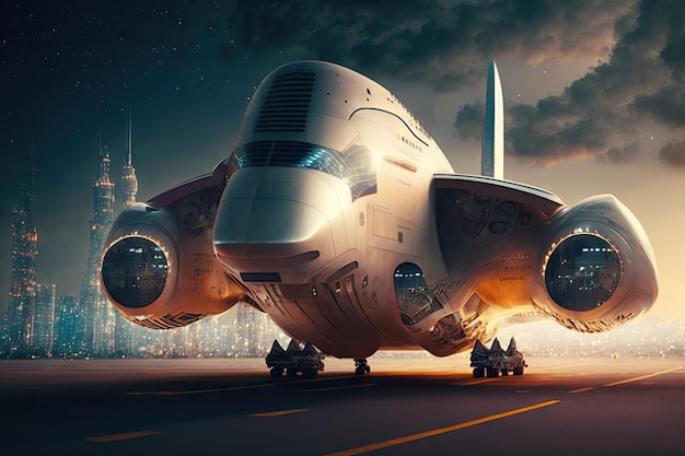 Futuristic cargo plane of future with illuminated engines against backdrop of city created with gene