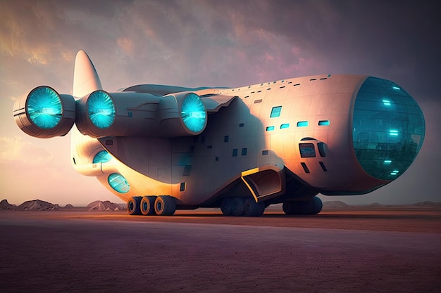 Futuristic cargo plane of future with round headlights and blue light protection created with genera