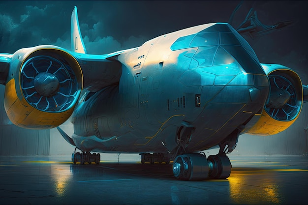 Futuristic cargo plane of future with round headlights and blue light protection created with genera