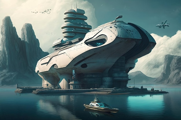 Futuristic cargo port of future in form of hightech spaceship overlooking sea created with generativ