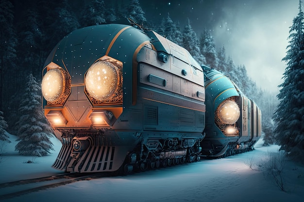 Futuristic cargo train of future with beautiful lamps against backdrop of winter snowcovered forest