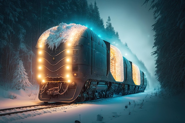 Futuristic cargo train of future with beautiful lamps against backdrop of winter snowcovered forest