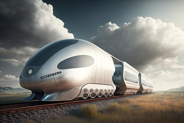 Футуристический грузовой поезд будущего с обтекаемым дизайном на футуристическом транспортном маршруте, созданный с