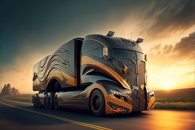 Futuristic cargo transportation truck trucker technology automotive industry development electric carscenic landscapesunsettrackhigh resolutionwallpaperbusiness organization innovationAI