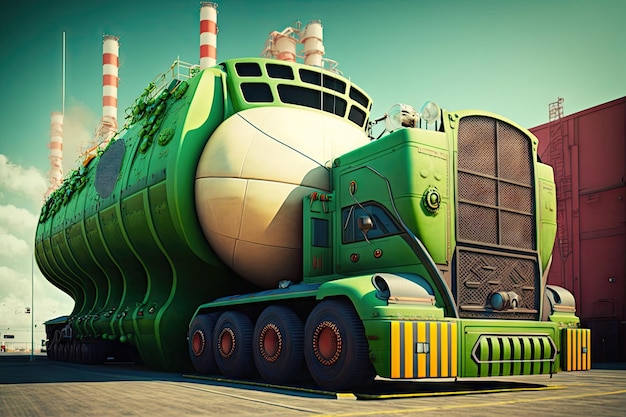 Futuristic cargo truck of future painted with green color stands at steamship port created with gene