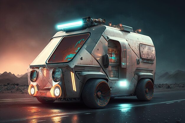 Futuristic cargo van of future in form of robot with wheels and lights