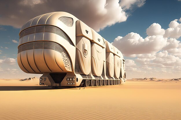 Futuristic cargo van of future transporting containers along empty futuristic steppe