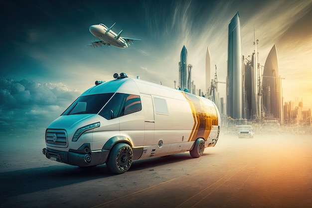Фото Футуристический грузовой фургон будущего в виде высокоскоростного транспорта на фоне футуристического города