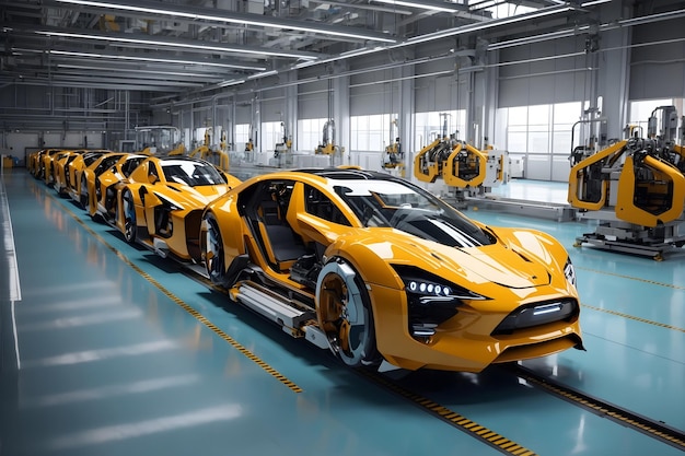 Futuristic cars robotic production line factory interior design banner with copy space text