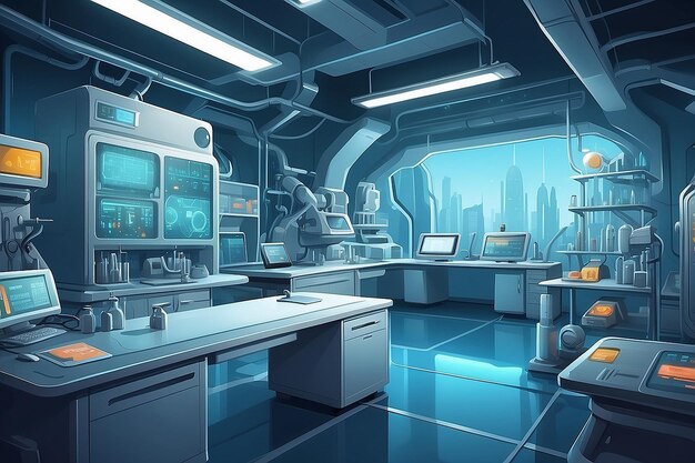 Futuristic cartoon indoor background for a hightech laboratory