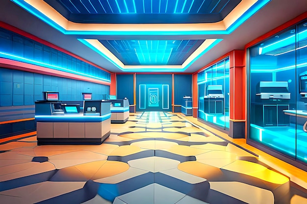 Futuristic cartoon indoor background image for a hightech laboratory