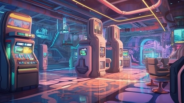 A futuristic casino filled with hightech gambling machines Fantasy concept Illustration painting Generative Ai