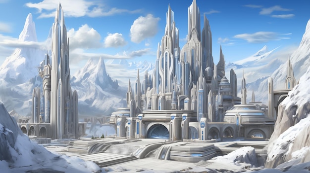 Futuristic castle in the snowy mountains