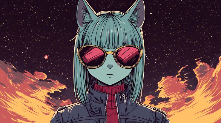 Photo futuristic cat girl with sunglasses against a galaxy background