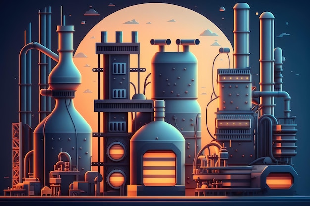 A futuristic chemical refinery with automated machinery and robots performing chemical processing