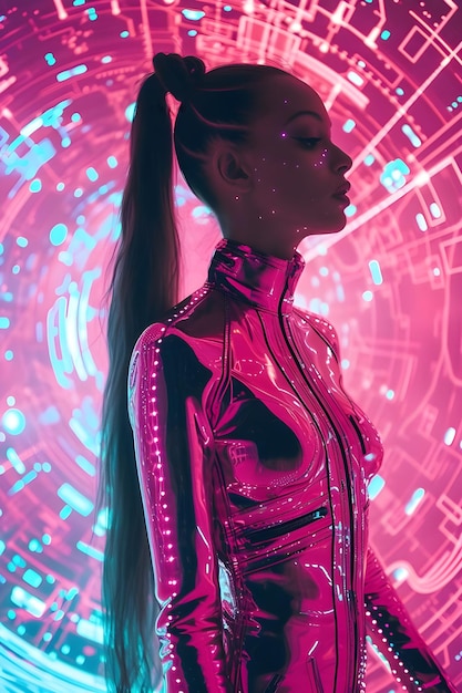 Photo futuristic chic pink glowy beauty model captured in the future