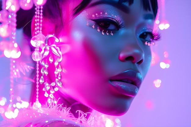 Photo futuristic chic pink glowy beauty model captured in the future