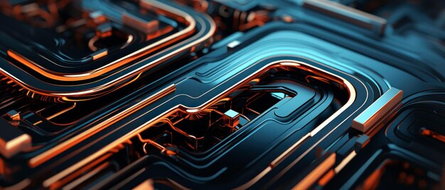 Futuristic circuit board closeup with vibrant blue and orange lines