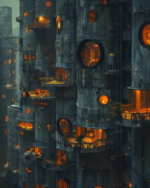 미래의 도시 3D 일러스트레이션은 콘크리트 구조물과 둥근 창문으로 판타지 또는 공상과학 소설을 배경으로합니다.